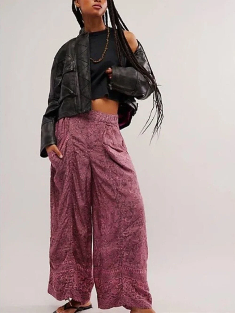 Free People Flora Pull On Bustle Trouser Paisley Ruched Leg L Paisley